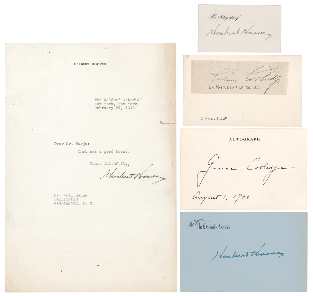 Lot 59 Calvin Coolidge, Grace Coolidge, and Herbert Hoover (5) Autographs