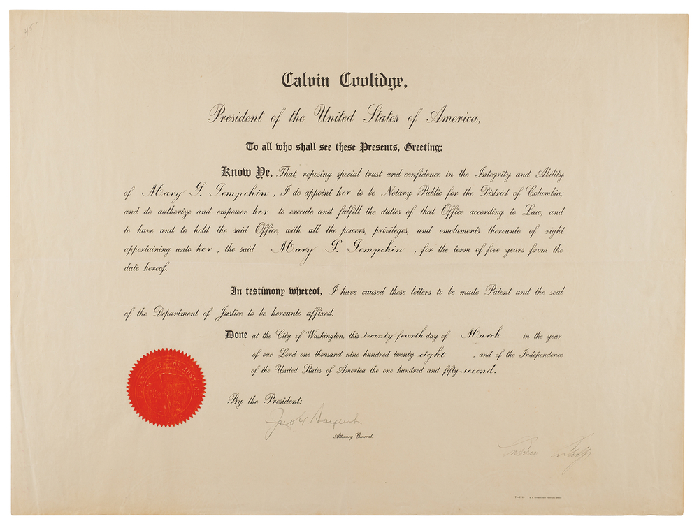 Lot 58 Calvin Coolidge Document Signed as President, Appointing a Notary Public