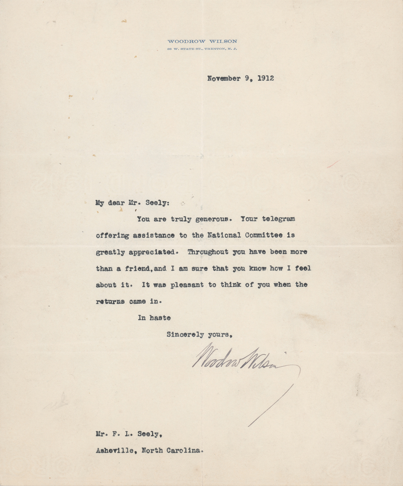 Lot 55 Woodrow Wilson Typed Letter Signed on the 1912 Presidential Election: 