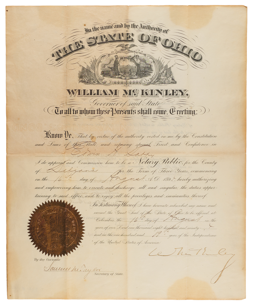 Lot 47 William McKinley Document Signed as Governor of Ohio, Appointing a Notary Public