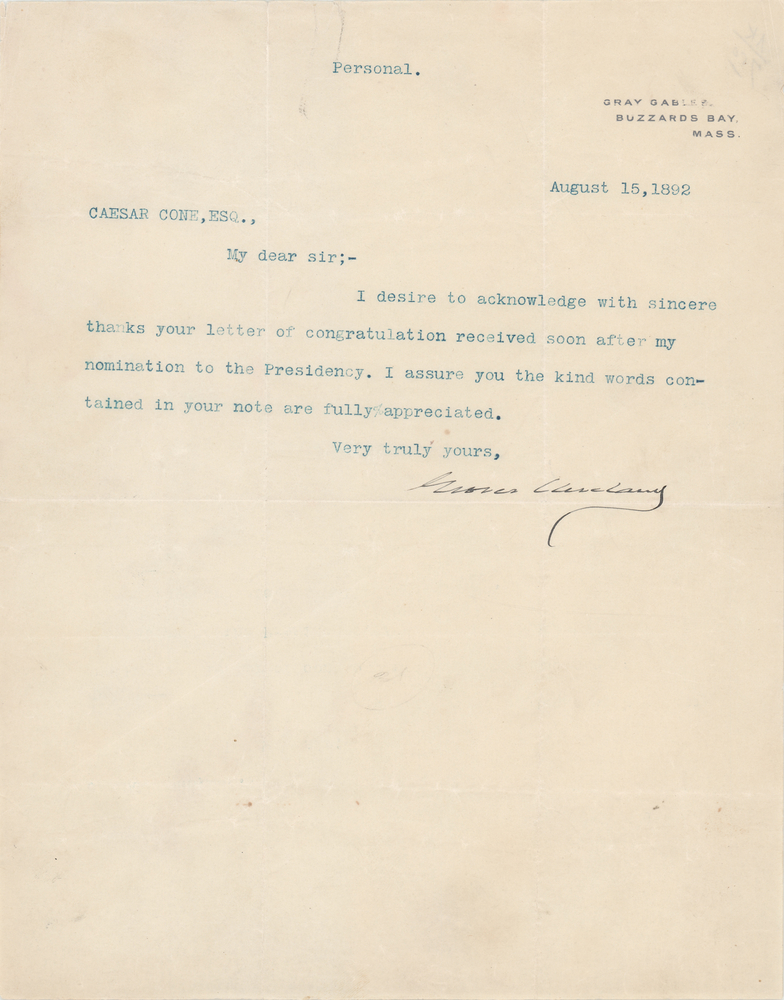 Lot 43 Grover Cleveland Typed Letter Signed, Sending Thanks for 