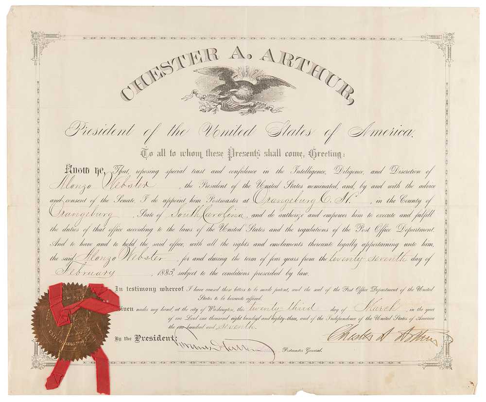 Lot 41 Chester A. Arthur Document Signed as President, Appointing a Postmaster