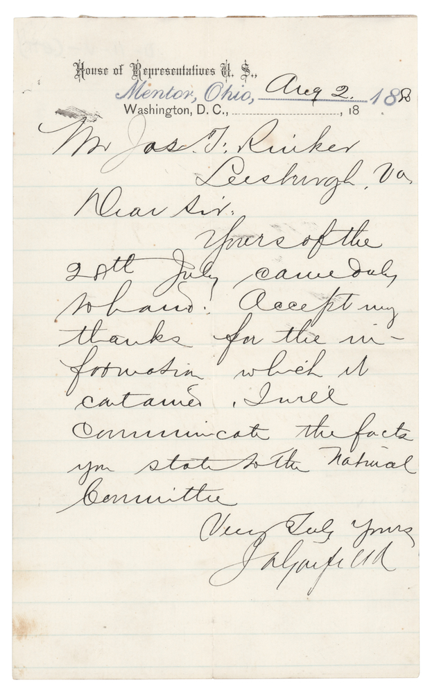 Lot 39 James A. Garfield Letter Signed