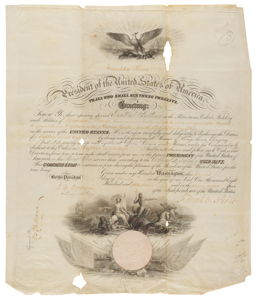 Lot 24 Franklin Pierce Document Signed as President, Appointing a Captain in the Marine Corps