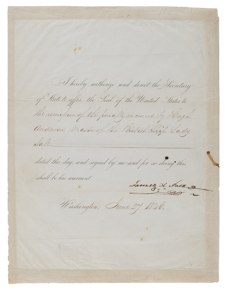 Lot 19 James K. Polk Document Signed as President for Remission of 