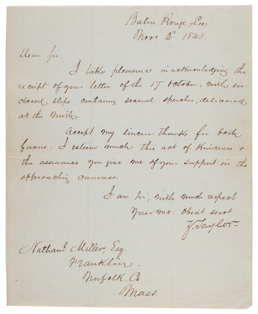 Lot 21 Zachary Taylor Letter Signed on the 1848 Presidential Election: 