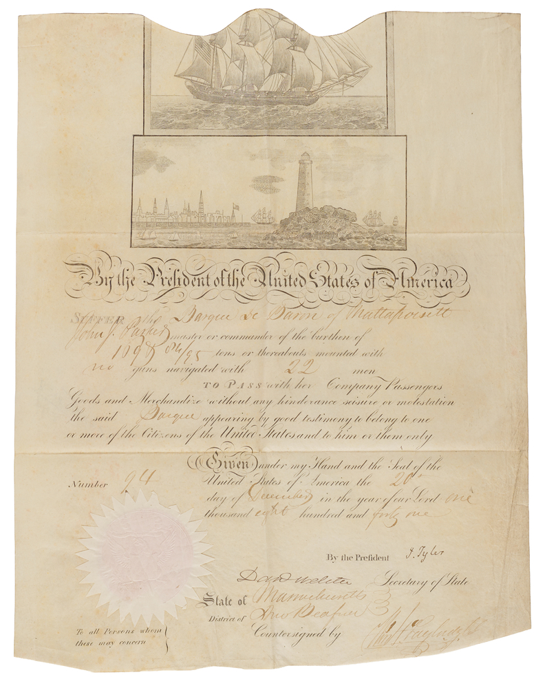 Lot 18 John Tyler and Daniel Webster Document Signed as President and Secretary of State