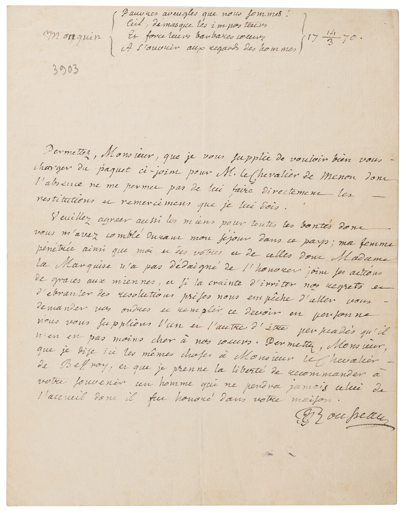 Lot 405 Jean-Jacques Rousseau Autograph Letter Signed: 