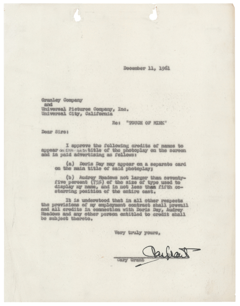 Lot 726 Cary Grant Signed 1961 Document Approving Screen Billing for That Touch of Mink