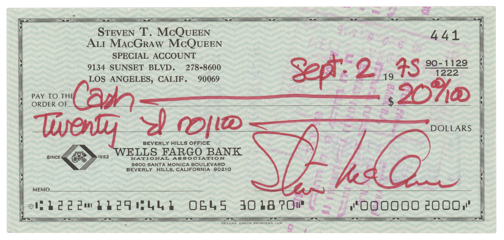 Lot 753 Steve McQueen Signed Check - Filled Out by Wife Ali MacGraw