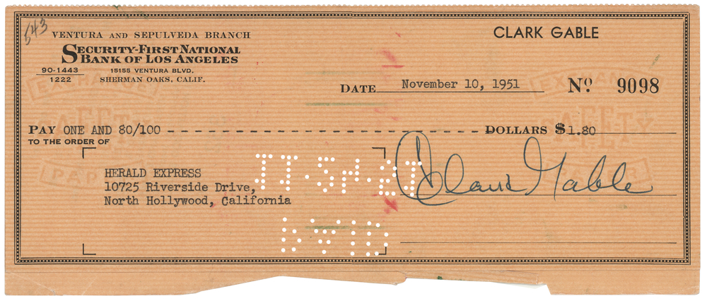 Lot 723 Clark Gable Signed Check