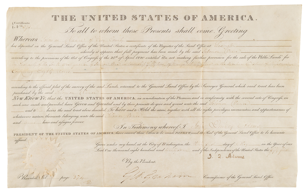 Lot 10 John Quincy Adams Document Signed as President