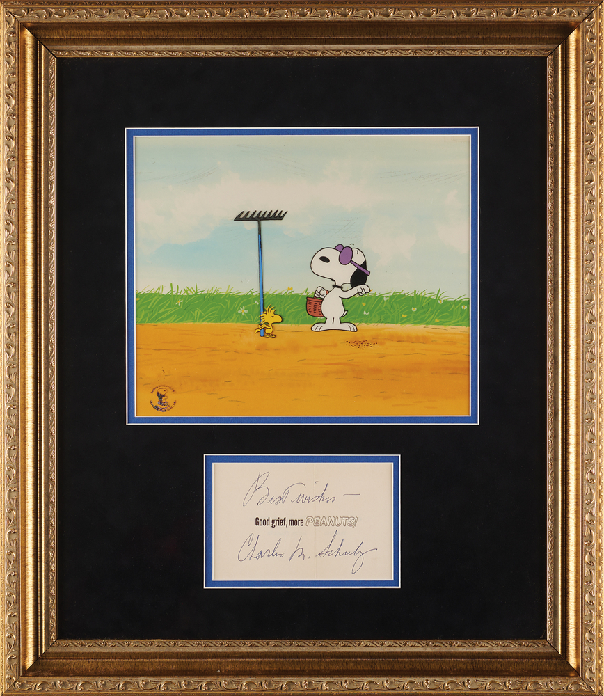 Lot 537 Charles Schulz Signature and Peanuts Production Cel with Snoopy and Woodstock
