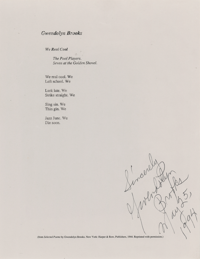 Lot 549 Gwendolyn Brooks Signed Souvenir Typescript - 'We Real Cool'