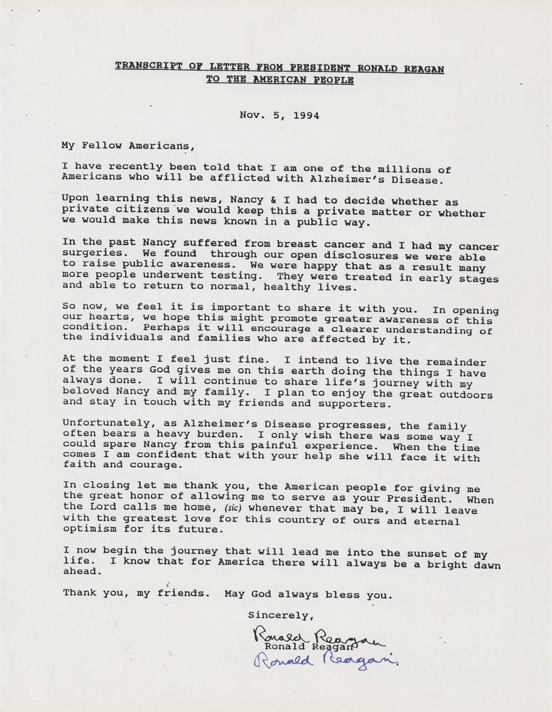 Lot 220 Ronald Reagan Signed Souvenir Typescript on Alzheimer's: 