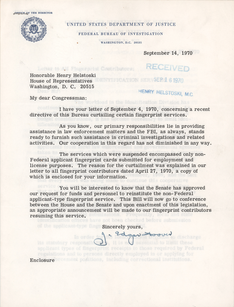 Lot 446 J. Edgar Hoover Typed Letter Signed to a Congressman on the FBI's Fingerprint Services