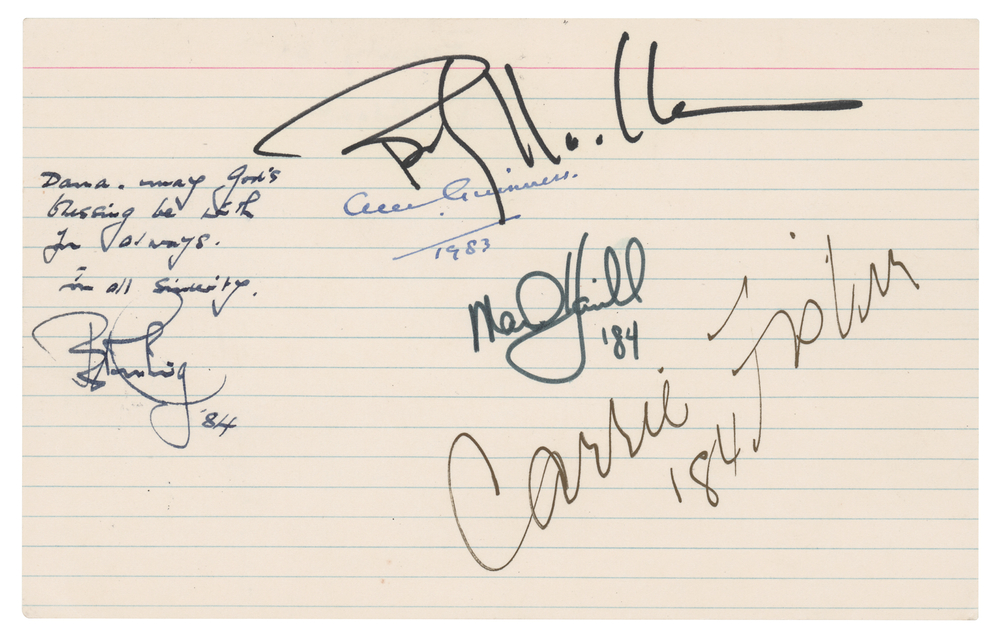 Lot 785 Star Wars (5) Signatures with Carrie Fisher, Mark Hamill, and Alec Guinness