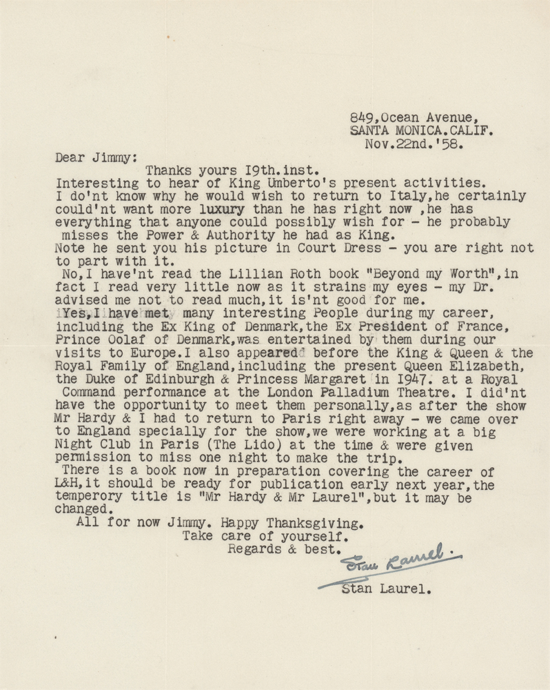 Lot 743 Stan Laurel Typed Letter Signed on Meetings with Royalty: 