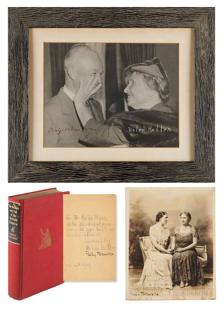 Lot 372 Helen Keller (3) Signed Items, Highlighted by a Dwight D. Eisenhower Co-Signed Photograph