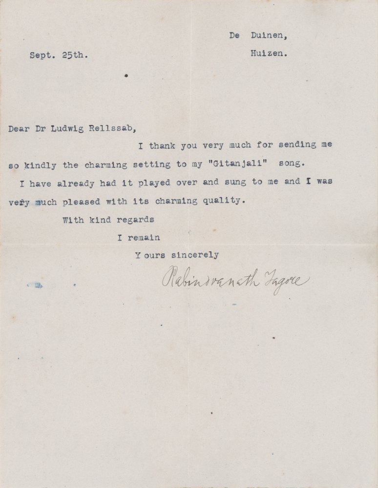 Lot 585 Rabindranath Tagore Typed Letter Signed on a Musical Setting for 'Gitanjali'