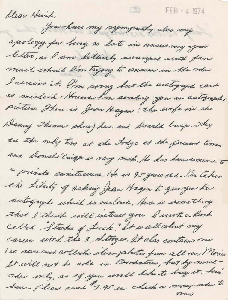 Lot 792 Three Stooges: Larry Fine Autograph Letter Signed