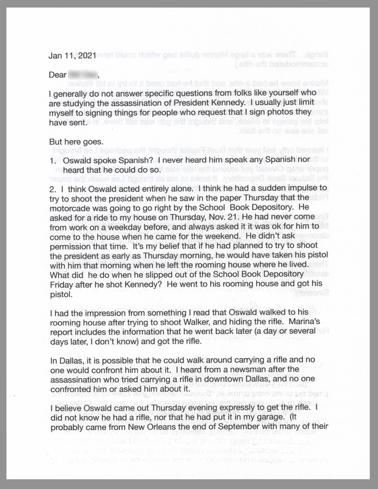 Lot 462 Lee Harvey Oswald: Ruth Paine Typed Letter Signed on Oswald’s Actions and the Kennedy Assassination