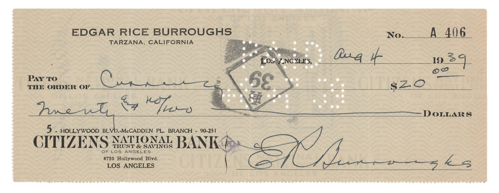Lot 550 Edgar Rice Burroughs Signed Check