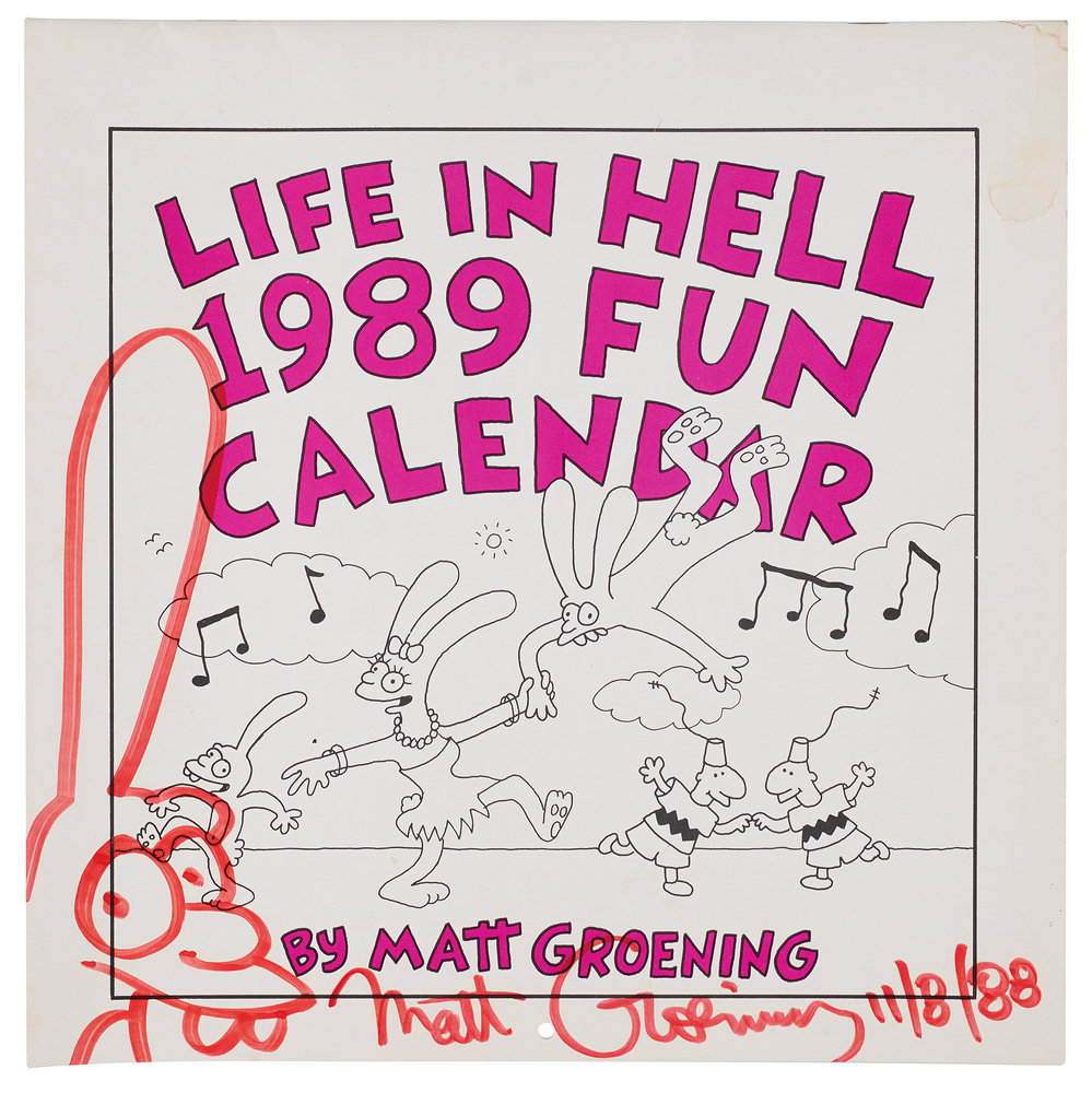Lot 526 Matt Groening Signed 1989 'Life in Hell' Calendar with Sketch
