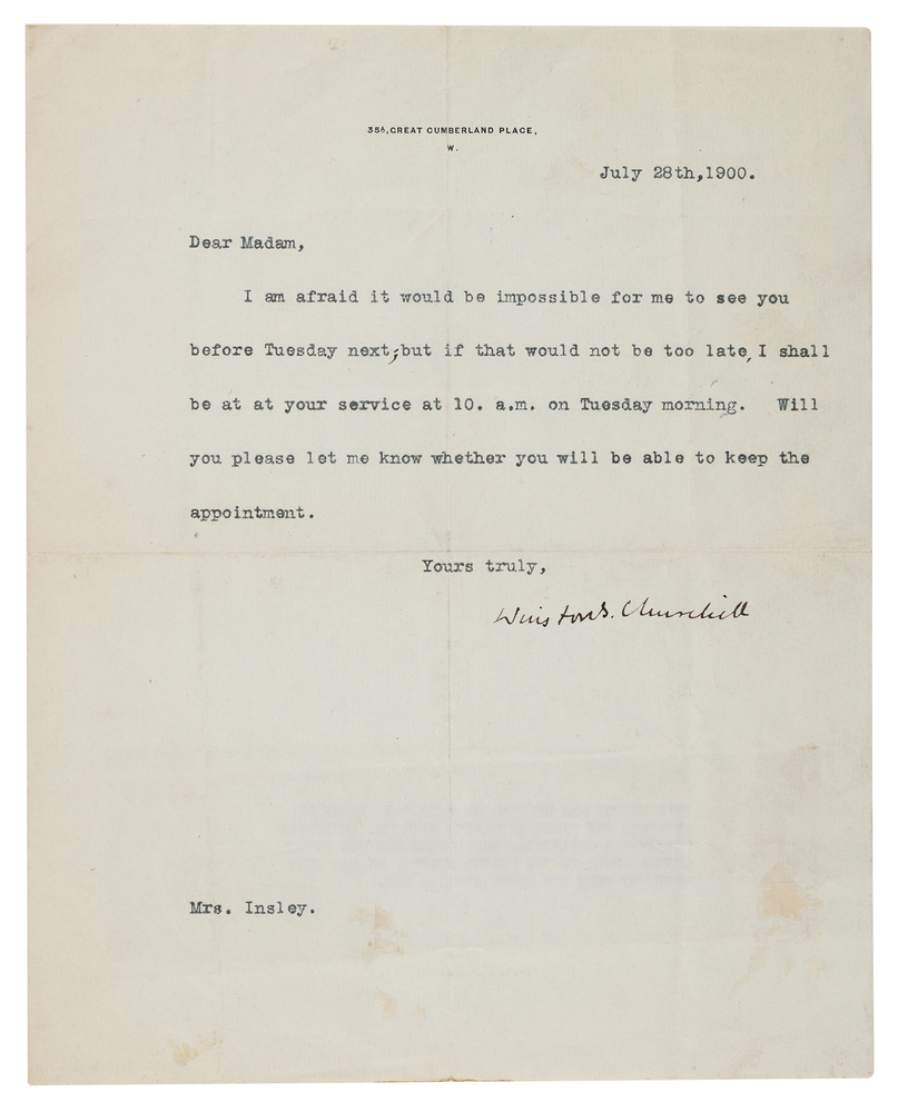 Lot 336 Winston Churchill Typed Letter Signed (1900), Arranging an Interview Shortly After His Return from the Boer War