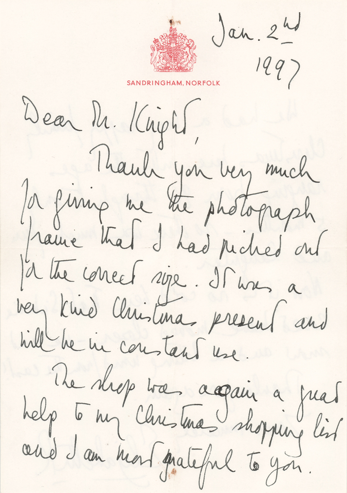 Lot 364 Queen Elizabeth II Autograph Letter Signed on Christmas Shopping and a Happy Family Christmas at Sandringham (1997)