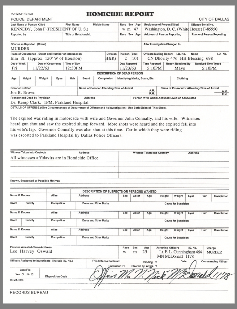 Lot 455 Kennedy Assassination: Maurice 'Nick' McDonald Signed Homicide Report
