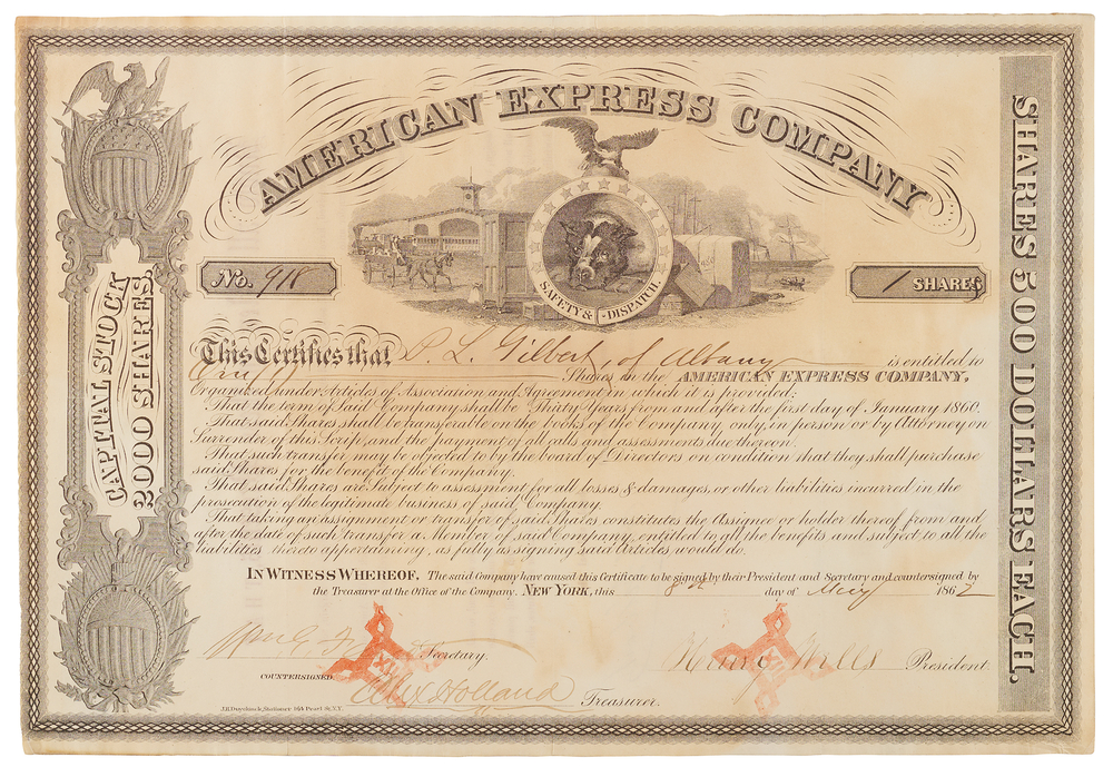 Lot 385 Henry Wells and William Fargo Signed American Express Stock Certificate (1862)