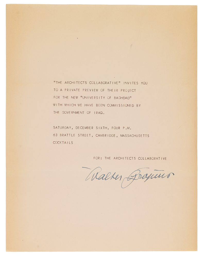 Lot 503 Walter Gropius Signed Invitation for the University of Baghdad Project