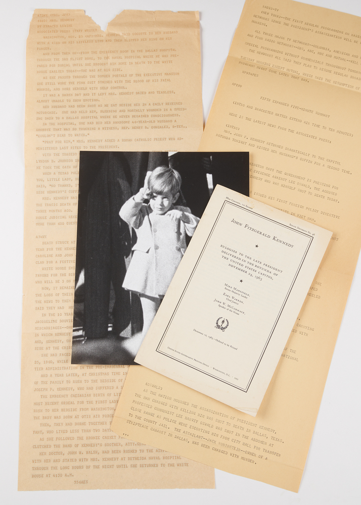 Lot 127 John F. Kennedy Assassination and Funeral Teletypes (2) with Eulogy Booklet and JFK Jr. Photograph