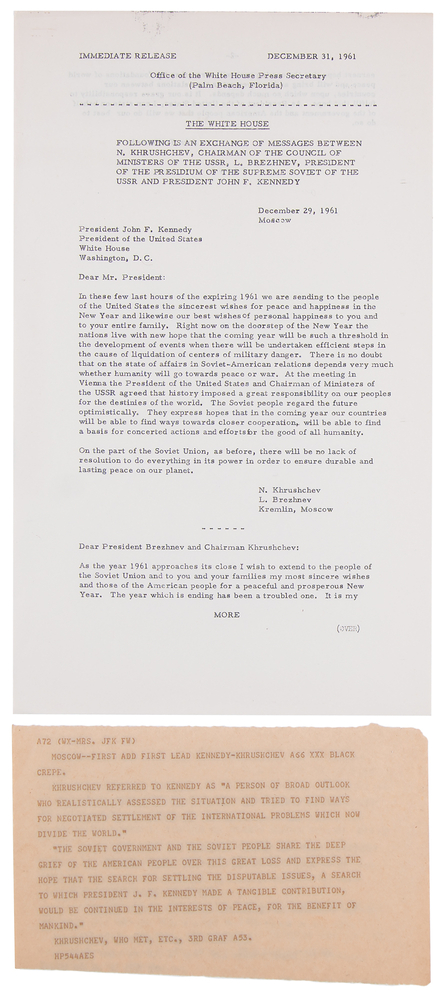 Lot 131 John F. Kennedy and Nikita Khrushchev White House Press Release and Teletype