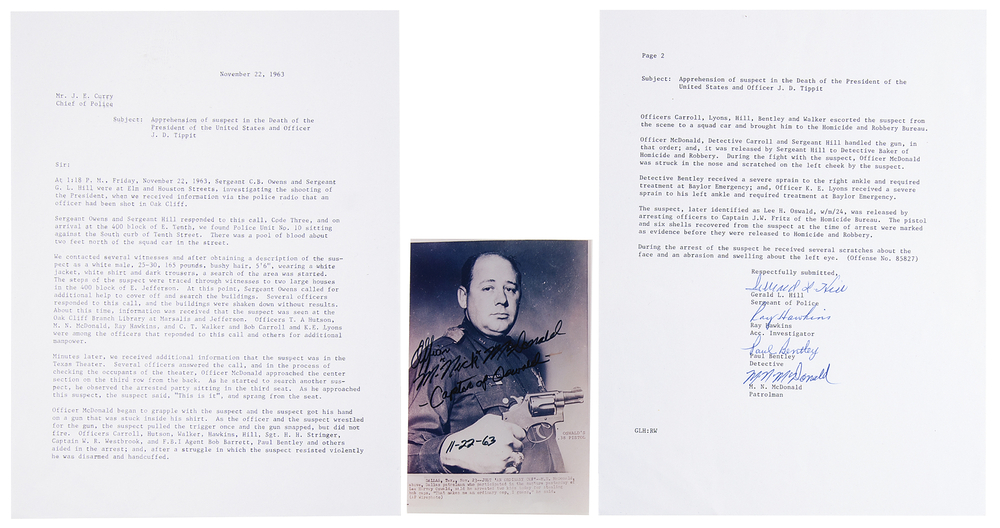 Lot 448 Kennedy Assassination: Souvenir Typescript Signed by the (4) Captors of Lee Harvey Oswald and M. Nick McDonald Signed Photograph