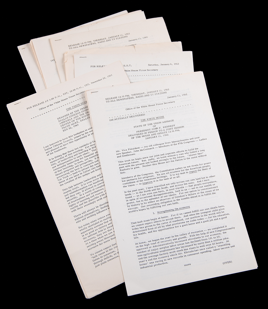 Lot 129 John F. Kennedy (9) Official White House Press Releases, with State of the Union Addressed and His Undelivered Dallas Trade Mart Speech