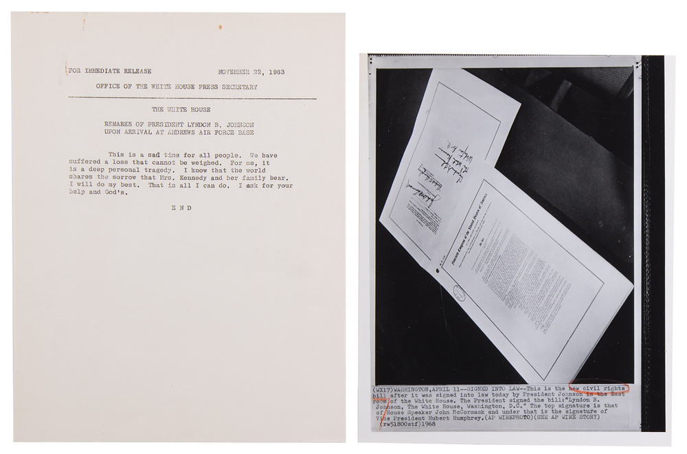 Lot 137 Lyndon B. Johnson: White House Press Release on the Assassination of JFK and Fair Housing Act Wirephoto