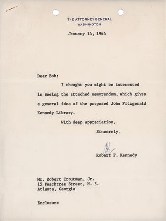 Lot #284 Robert F. Kennedy Typed Letter Signed and Draft Memorandum for the Proposed John Fitzgerald Kennedy Library - Image 1