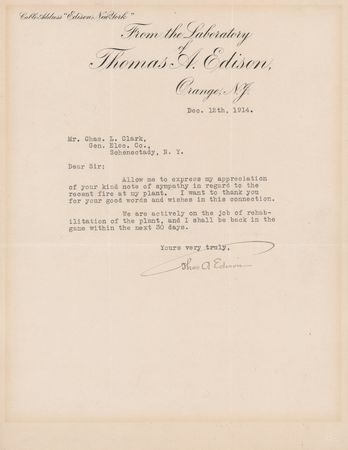 Lot #389 Thomas Edison War-Dated Typed Letter