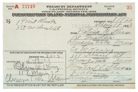 Lot #464 Prohibition: 1923 Liquor Prescription for