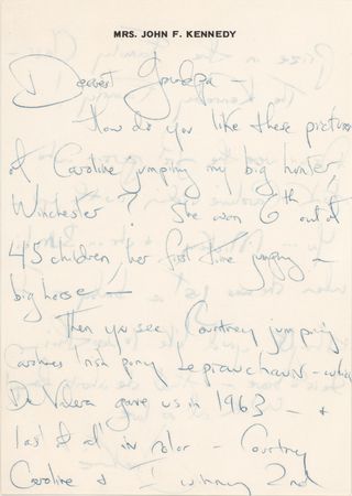 Lot #74 Jacqueline Kennedy Autograph Letter Signed to Joseph P. Kennedy on Caroline's First Equestrian Triumph: 
