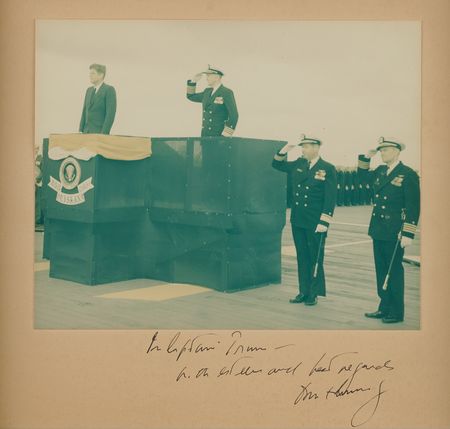 Lot #93 John F. Kennedy Signed ‘USS Oriskany’ Photograph as President, with Commemorative ‘Presidential Visit’ Mug - Image 2