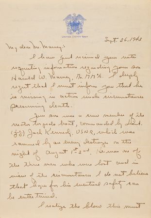 Lot #88 John F. Kennedy War-Dated Autograph Letter Signed to the Mother of PT-109 Crewman Harold Marney - “This letter is to offer my deepest sympathy to you for the loss of your son” - Image 4