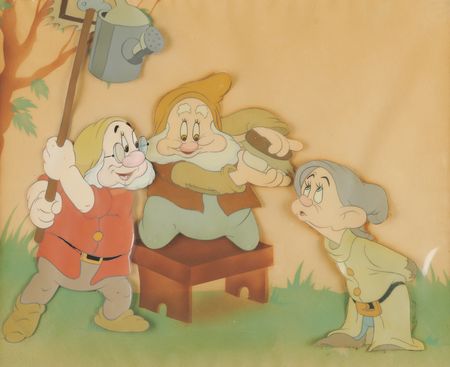 Lot #542 Doc, Happy, and Dopey production cel from Snow White and the Seven Dwarfs - From the Collection of the Walt Disney Studios Treasurer - Image 1