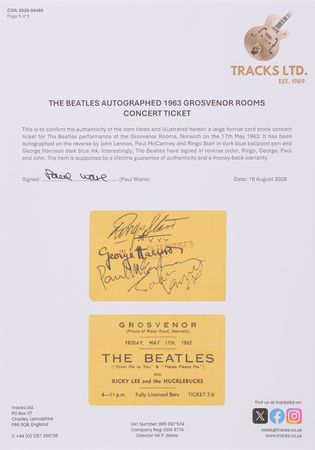 Lot #618 Beatles Signed Grosvenor Rooms Norwich Concert Ticket (May 17, 1963) - Image 2