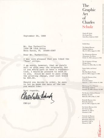 Lot #538 Charles Schulz Typed Letter Signed on the