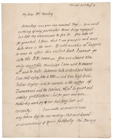 Lot #591 Charles Burney Autograph Letter Signed to