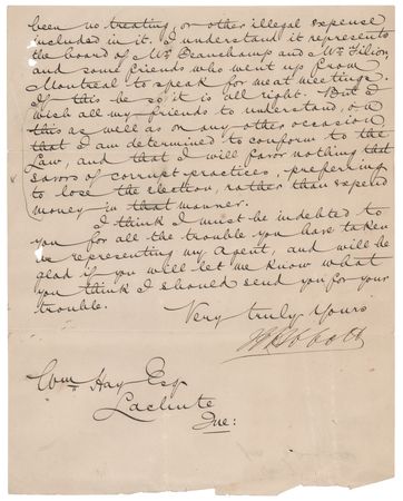 Lot #333 John Abbott Letter Signed on Election Expenses - “Preferring to lose the election” Rather Than Engage in “corrupt practices” - Image 2