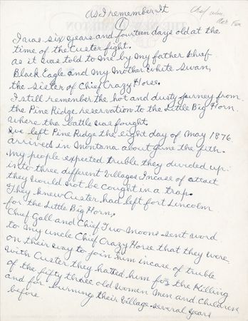 Lot #411 Chief Red Fox Autograph Manuscript Signed - Native American Account of the Battle of the Little Bighorn and Custer's Last Stand: 